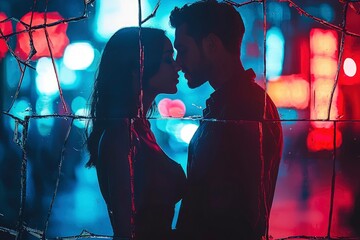 Silhouettes of a Couple Embracing Through a Cracked Window with Neon Lights in the Background