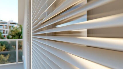 Obraz premium Sunlight streaming through white blinds creates a serene and cozy atmosphere, AI