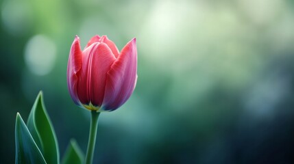 Naklejka premium A Single Pink Tulip Bud Against a Soft Green Background