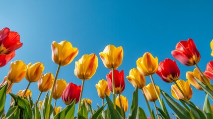 A Low Angle View of Red and Yellow Tulips Against a Blue Sky