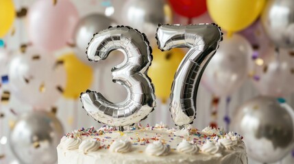 37th Birthday Celebration Cake with Balloons and Confetti