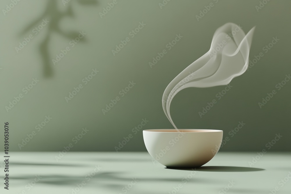 Poster a tea cup releases curving steam in a calming, minimalist setting, creating an atmosphere of relaxat