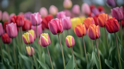 Fototapeta premium Colorful Tulips in a Field of Green