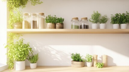 Fototapeta premium Rustic Herb Garden on Wooden Shelves in Bright Kitchen