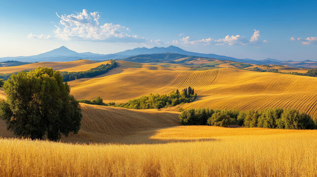 A rolling countryside with golden fields, a clear blue sky, and distant mountains on the horizon