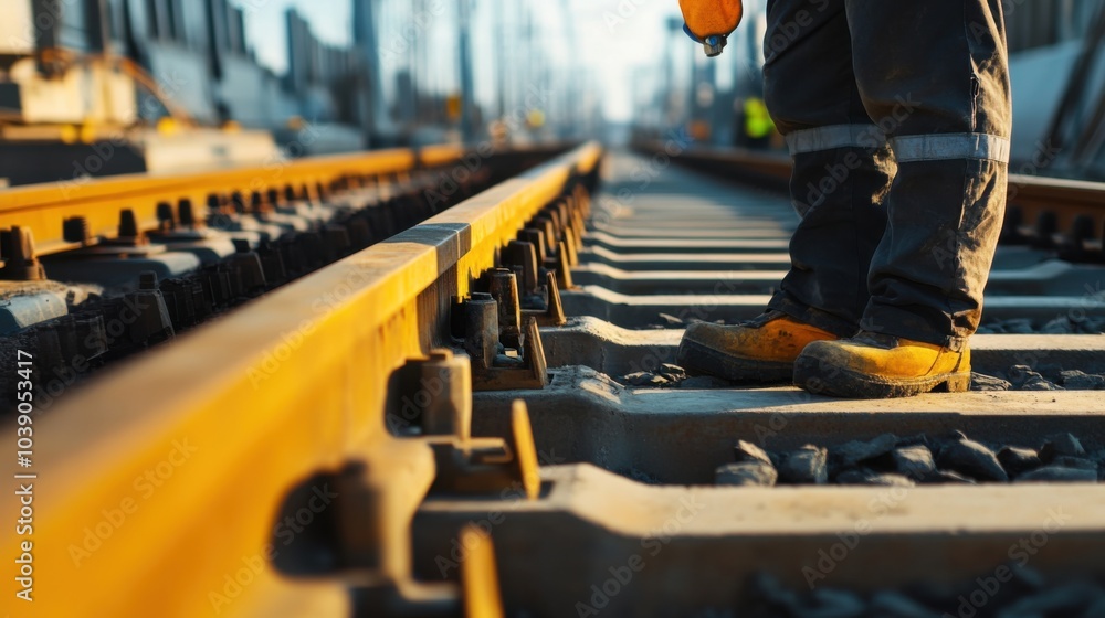 Aufkleber a detailed view of a civil engineer inspecting the alignment of railway tracks on a railway construc