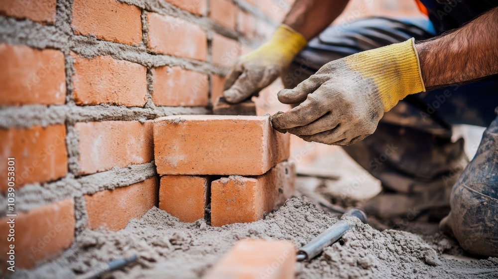 Poster a detailed view of a construction worker laying bricks, with a background of an unfinished wall and 