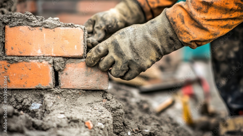 Poster a detailed view of a construction worker laying bricks, with a background of an unfinished wall and 