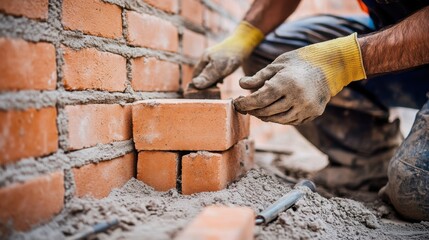 A detailed view of a construction worker laying bricks, with a background of an unfinished wall and tools, Construction site scene