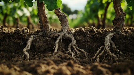 Close-up of Grapevine Roots in Rich Soil