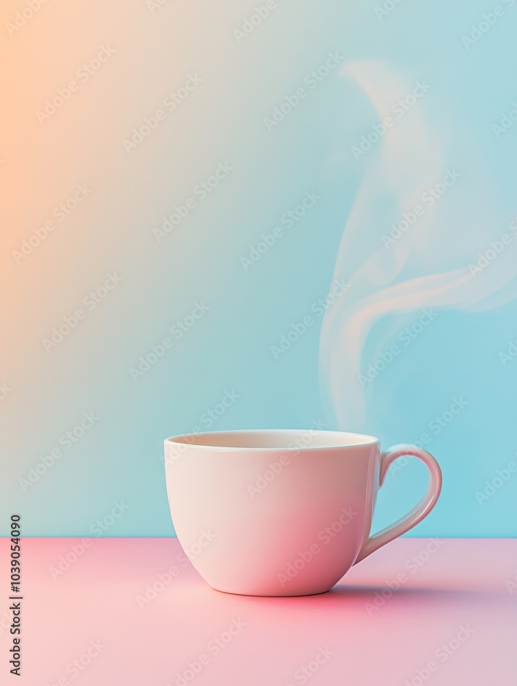 Poster A smooth cup of tea releases gentle steam into the air, creating a peaceful atmosphere in a bright and calming setting. Generative AI