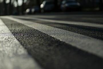 A Close-up View of White Stripes on a Black Asphalt Road