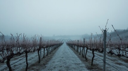 Fototapeta premium Frosted Vineyard Rows in Misty Morning