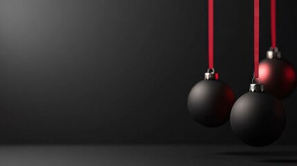   Black and red Christmas ornament on a red string, hung in a dark room against a black background