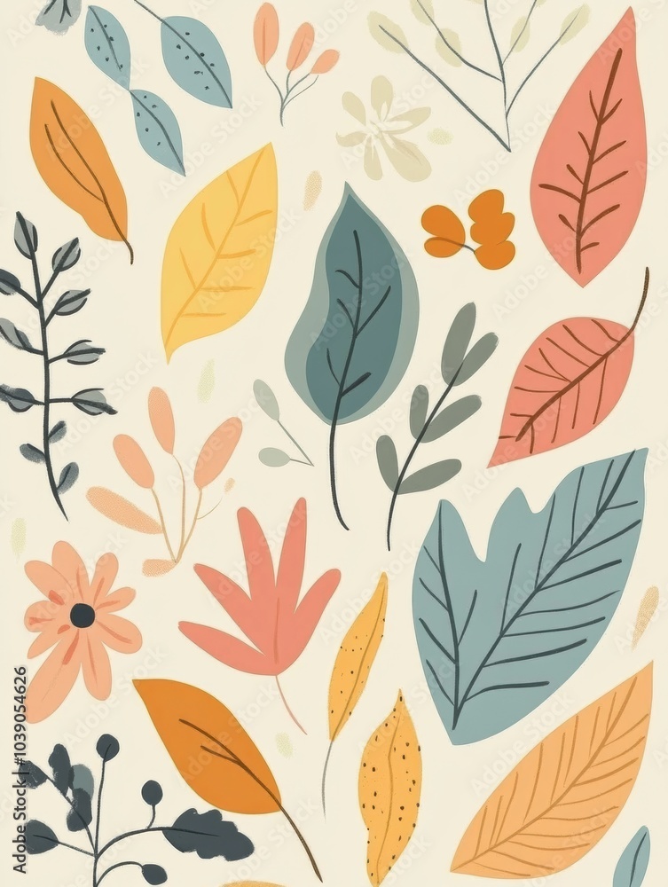 Poster a collection of vibrant doodles showcasing various leaves and flowers arranged in a harmonious, natu