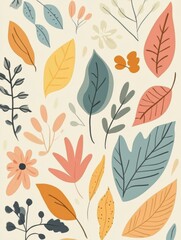 Fototapeta premium A collection of vibrant doodles showcasing various leaves and flowers arranged in a harmonious, nature-inspired pattern. Generative AI