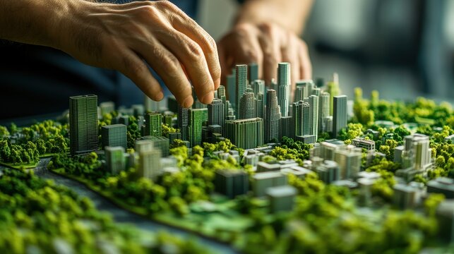 An urban planner interacts with a detailed city model, focusing on sustainable development and green spaces.