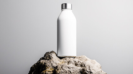 Stainless steel water bottle mockup on top of rock for branding and marketing