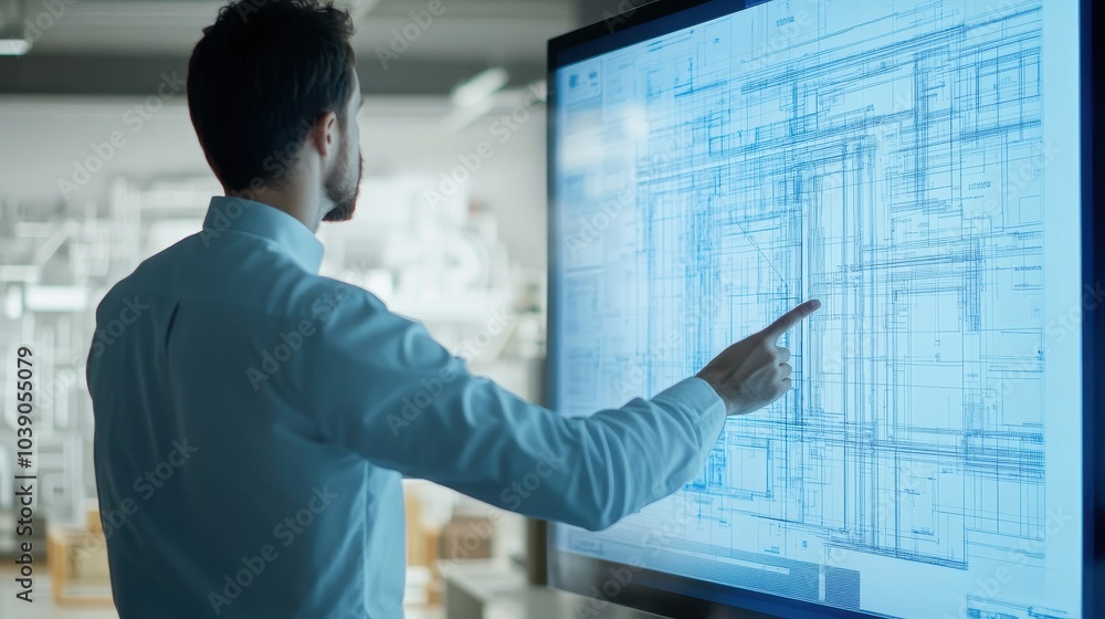 Poster engineer analyzing digital blueprint on large monitor