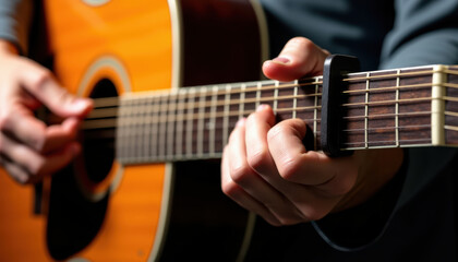 Detailed image of a person playing an acoustic guitar, focusing on the fingers and strings. Captures the essence of music, creativity, and artistic expression
