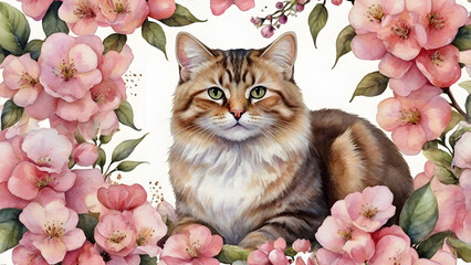 a cute cat in a pink apple flower generative ai
