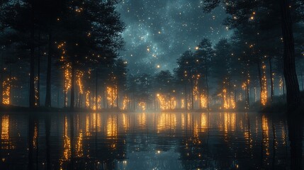 A mystical forest scene illuminated by an array of glowing lights scattered among the trees. The dark silhouettes of the tall trees rise against a starry night sky filled with clouds and celestial bod