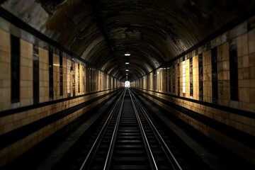Obraz premium Subway Tunnel with Tracks Leading to a Distant Light
