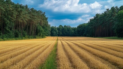 Obraz premium A Narrow Strip of Green Grass Cuts Through a Field of Golden Grain, Surrounded by a Forest Edge