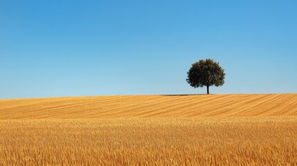 Obraz premium A Single Tree Standing Tall in a Vast Golden Field Under a Clear Blue Sky