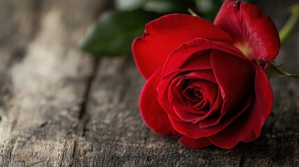   A solitary red rose resting atop a wooden table alongside a lush green plant perched upon a piece of wood