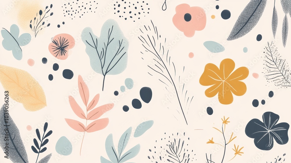 Poster delicate doodles of leaves and flowers create a charming design filled with gentle colors, perfect f