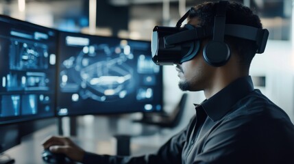 A Man Wearing a VR Headset and Looking at a Computer Screen