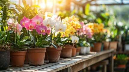 Vibrant Orchids in a Serene Greenhouse Setting