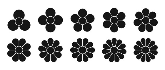 Set of flower diagrams with petals and core. Floral pie chart divided on equal segments in leaf shapes isolated on white background. Templates for data presentation. Vector graphic illustration.