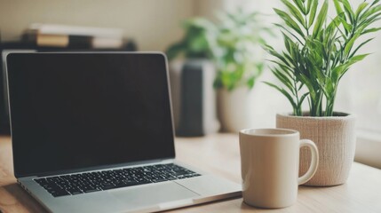 Fototapeta premium Laptop, Coffee Mug, and Plant on a Wooden Desk