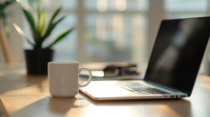 Fototapeta premium White Mug and Laptop on a Wooden Desk with Sunlight