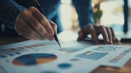 Close-up of a Hand Analyzing Financial Charts with a Pen