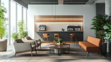 Fototapeta premium Modern Office Lounge Area with Coffee Bar and Comfortable Seating