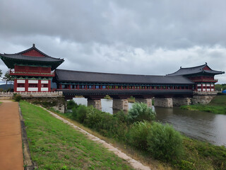 Obraz premium Cloudy and Rainy Sunflowers Oct. 19, 2024. Landscape of Woljeonggyo Bridge, Gyeongju, Korea