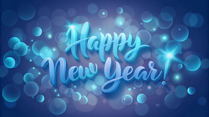 Happy new year text on bokeh lights and dark blue

