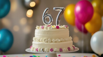 Celebratory 67th Birthday Cake With Colorful Balloons