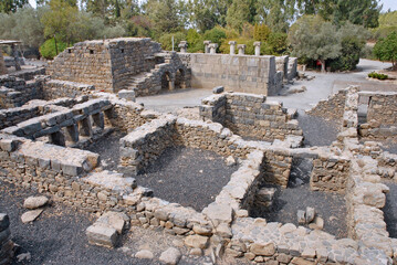 Bar'am Synagogue ruins from the Talmudic period. The façade of the 3rd-century synagogue faces towards Jerusalem and was replete with a covered portico containing six stone columns. Israel, 2016