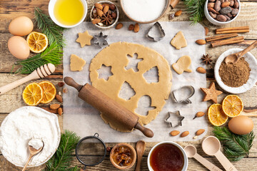 A frame of ingredients for making Christmas cookies. Christmas, holiday