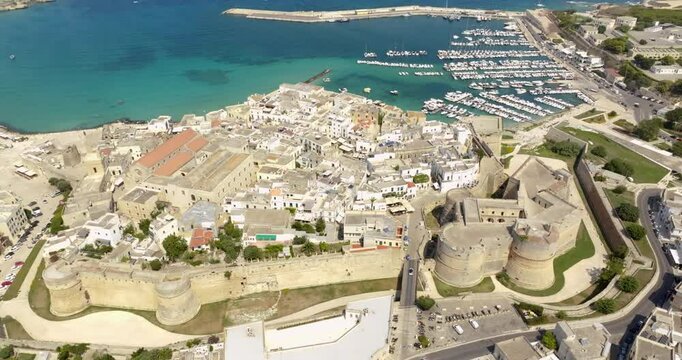 Panoramic aerial view of the castle and Norman cathedral in the historic center of Otranto in the province of Lecce, Salento, Puglia. Located on the Adriatic Sea, it is the easternmost city in Italy.