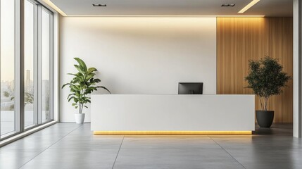 Modern Office Reception Desk with City View and Plants