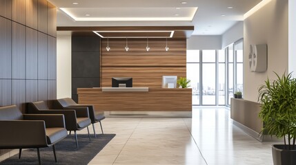 Fototapeta premium Modern Office Reception Area with Wooden Paneling and Black Leather Chairs