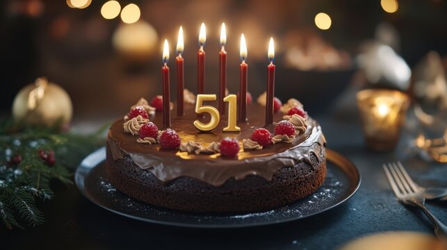 Celebrating 51st Birthday with a Chocolate Cake and Candles