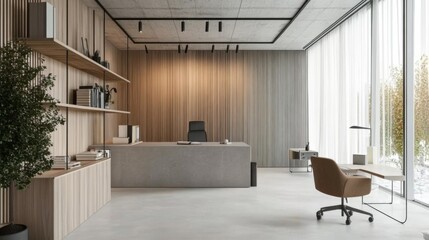 Fototapeta premium Modern Office Interior with Wooden Walls, Large Windows, and a Desk