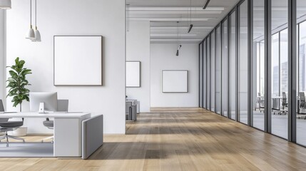 Minimalist Office Interior with White Walls and Wooden Floor