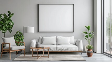 A modern living room with a white sofa, a wooden armchair, and a large framed artwork on the wall.